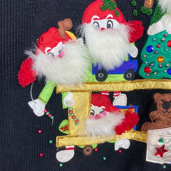 VTG 90s Ugly Christmas Sweater L MJ Carroll 3D Beards Elves Beaded Artsy Festive - Picture 3 of 11